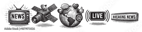Black and white illustration of news and media elements, including a retro TV, satellite, globe, live icon, and breaking news banner in sketch style.