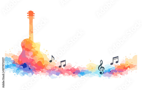 Colorful abstract guitar with music notes on watercolor background