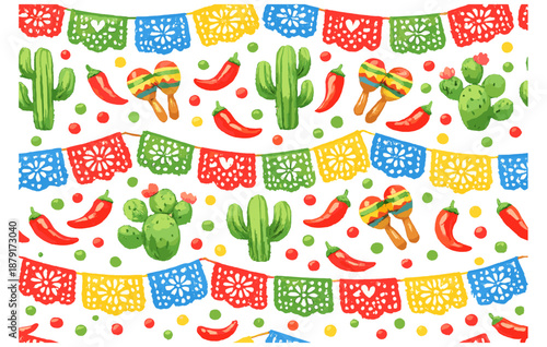 Colorful mexican fiesta: cacti, peppers, papel picado, and maracas pattern