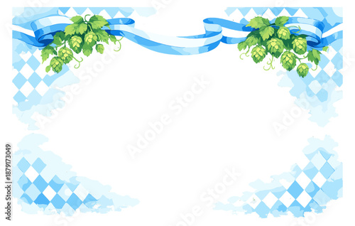 Oktoberfest celebration frame with hops and blue ribbons