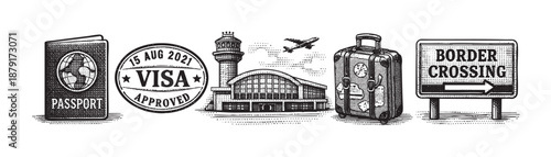 Black and white illustration of travel icons including airport, passport, visa stamp, luggage, and border crossing sign, conveying travel planning and international destinations.