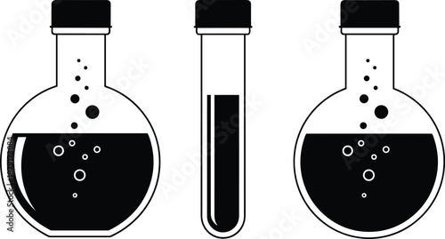 Laboratory glassware with chemical liquid, test tubes and flasks, science experiment icons, black and white, flat vector illustration, equipment, silhouette