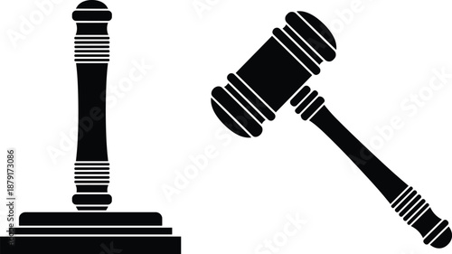 Judge gavel and stand silhouette set, legal symbol icons, courtroom justice concept, law enforcement design, flat vector illustration