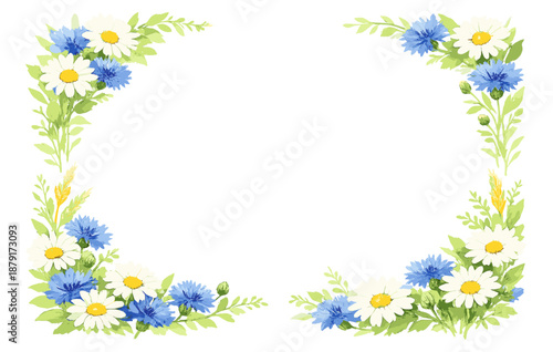 Floral frame with blue cornflowers and white daisies on greenery background