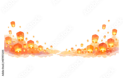 Floating lanterns on white background with atmospheric glow