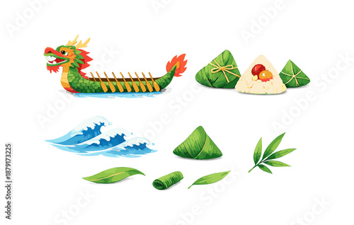 Dragon boat festival elements: dragon boat, zongzi, rice dumplings, waves, bamboo leaves