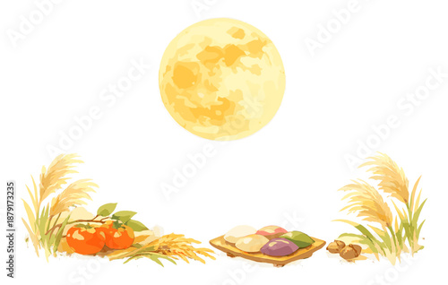 Mid-autumn festival moon with persimmons, rice cakes, and harvest elements