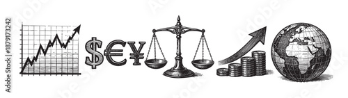 Black and white illustration depicting global financial growth, balancing dollar, euro, yen with a world globe, money and scales, suggesting balanced investment, economic themes, and world trade.