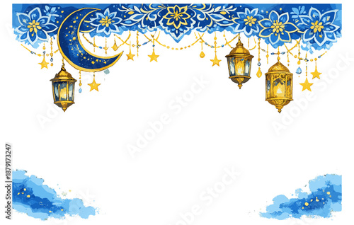 Ornate lanterns and crescent moon on floral blue background with stars