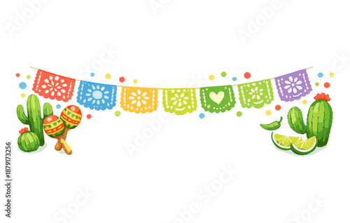 Colorful mexican fiesta banner with cacti and maracas