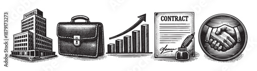 Black and white vector illustration represents a business deal, including a building, briefcase, growth chart, contract, and handshake, suitable for business themes.