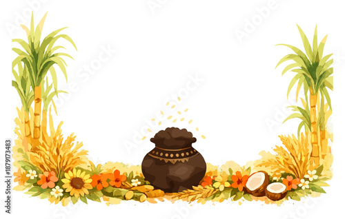 Traditional pongal festival celebration with harvest elements and decorative pot