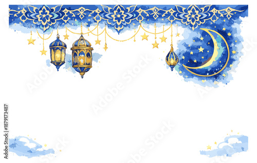 Festive middle eastern lanterns and crescent moon with blue ornate border design