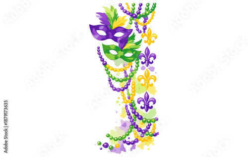 Festive mardi gras mask with colorful beads and fleur-de-lis symbols