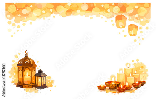 Festive lanterns and candles on decorative orange background