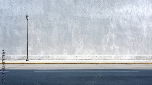 City street with long concrete wall covered in white plaster featuring copy space and mockup   