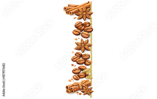 Vertical composition of coffee beans, star anise, and cinnamon sticks