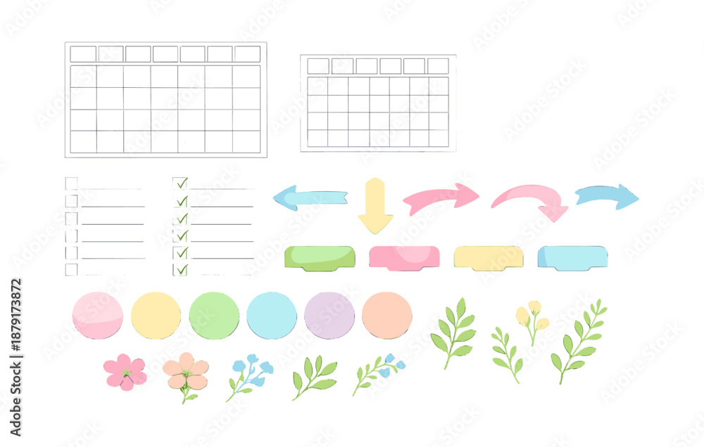 Fototapeta premium Hand-drawn planner stickers with calendars, floral designs, and pastel colors for creative organization