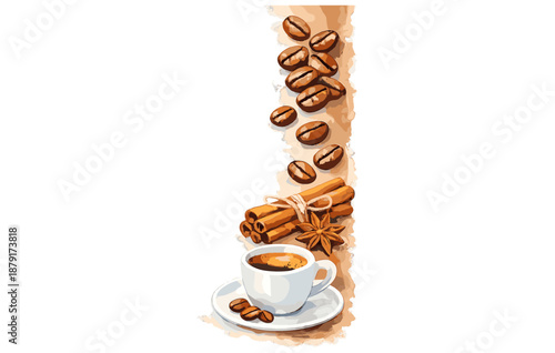 Coffee cup with cinnamon and coffee beans on artistic background