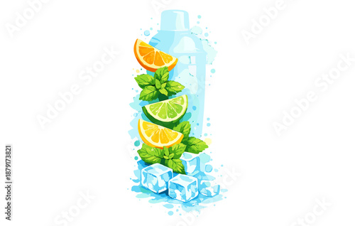 Refreshing citrus mint cocktail with ice cubes and shaker illustration