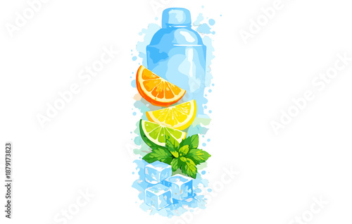 Colorful cocktail shaker with citrus slices mint leaves and ice cubes
