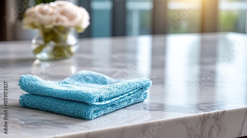 Cleaning marble countertop with blue microfiber cloth in modern kitchen at home daily routine household concept. 