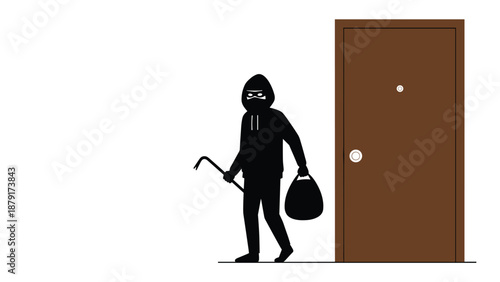 Ominous silhouette of a masked burglar in a hoodie, clutching a crowbar and a loot bag, standing beside a sturdy brown door.