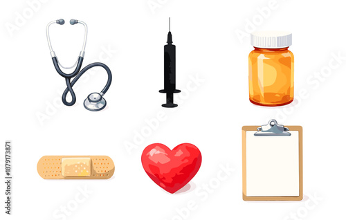 Medical equipment and supplies: stethoscope, syringe, medicine, bandage, heart, clipboard