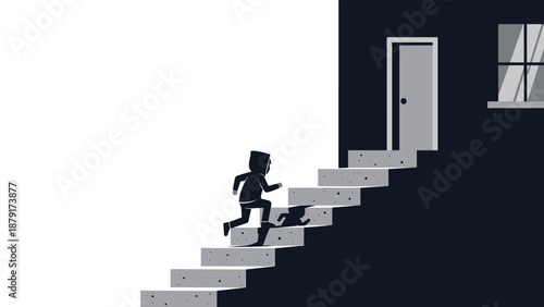 Dynamic silhouette of a person ascending a staircase towards a closed door in a dimly lit building, symbolizing ambition and progress.