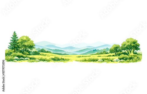 Tranquil summer landscape with rolling hills and green foliage