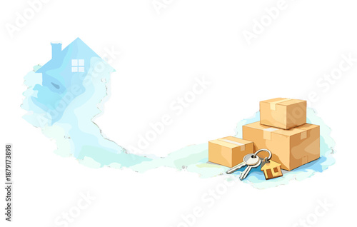 Moving day concept with house, boxes, and keys on white background