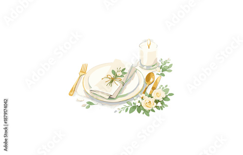 Elegant table setting with white rose and candle arrangement for dining