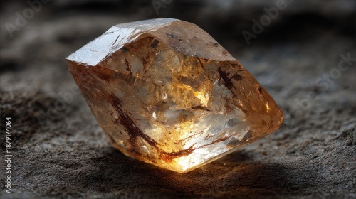 Close up of a single unpolished raw diamond crystal with translucent facets and warm glow on textured dark ground 