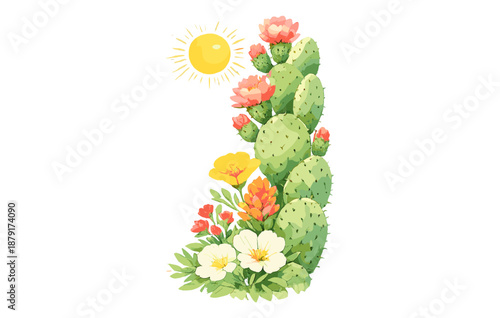 Vibrant cactus with colorful blooms and sun illustration