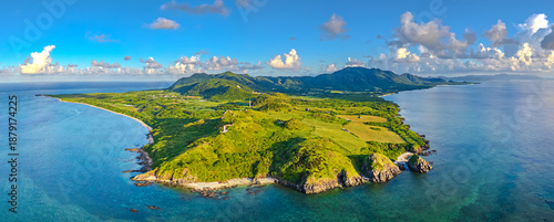 Ishigaki Island, Okinawa, Japan ove the coast with Hirakubozaki Lighthouse.