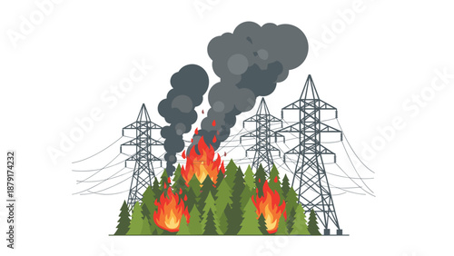 Illustration showcasing electricity pylons and their power lines positioned behind a raging forest fire, with thick smoke billowing upwards.