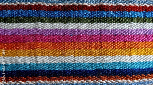 Colorful woven textile striped fabric ethnic pattern handwoven cloth boho decor vibrant palette textured surface horizontal lines traditional craft 