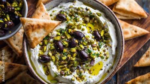 Creamy homemade labneh dip, generously topped with vibrant green pistachios, black olives, and a drizzle of olive oil, served with warm pita bread wedges, perfect for Mediterranean 