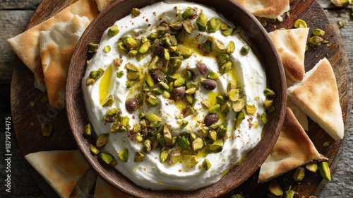 Creamy homemade labneh dip, generously topped with vibrant green pistachios, black olives, and a drizzle of olive oil, served with warm pita bread wedges, perfect for Mediterranean 
