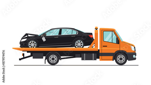 Illustration of a severely damaged black sedan being securely transported on the flatbed of a bright orange tow truck.