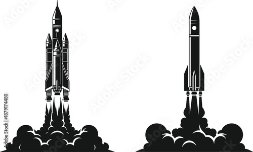 Rocket launch silhouette, space shuttle, propulsion flames, dual design, black and white, space exploration, flat vector illustration, engineering, dynamic motion