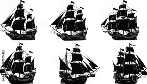 Sailing ship silhouette, pirate galleon, vintage vessel, nautical icon, maritime history, black sails, flat vector illustration, ocean travel, antique design