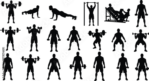 Silhouettes of strength training exercises including push-ups, squats, deadlifts, barbell lifts, gym workout poses, flat vector illustration