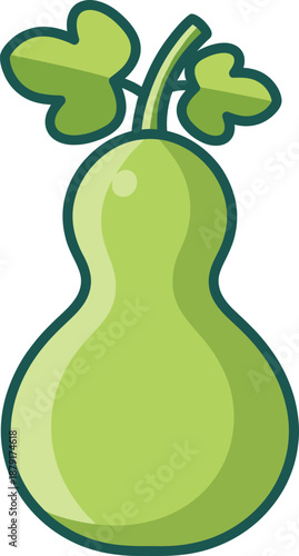 Stylized Green Gourd Vegetable Icon with Leaves and Dark Outline food healthy