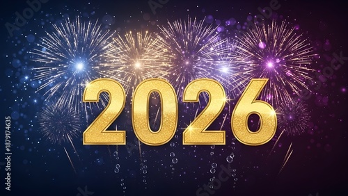 Dazzling 2026 New Year visual showcasing textured gold glitter numerals, vibrant blue-and-purple fireworks, and subtle bubbles on a dark gradient backdrop.