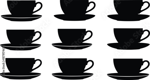Teacup silhouette grid set, black cup and saucer icons, visual puzzle comparison, minimal kitchenware symbols, flat vector illustration