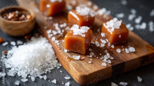 Delicate Sea Salt Caramels on Wooden Board Surrounded by Flaky Sea Salt Crystals, Perfect for Culinary Inspiration and Gourmet Treatsfood