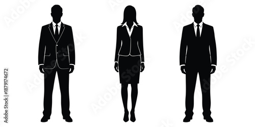 Three business people silhouettes in formal attire including suits, skirt suit, blouse, professional posture, flat vector illustration