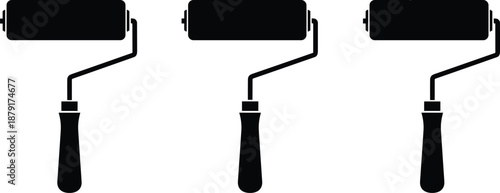 Three paint roller silhouettes with cylindrical heads and handles, home improvement tool icon set, flat vector illustration