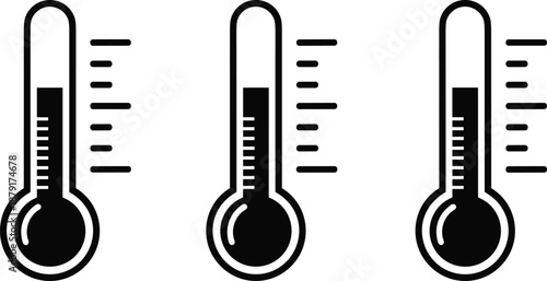 Three thermometer icons with varied fill levels and horizontal scale lines, temperature or progress indicator, flat vector illustration